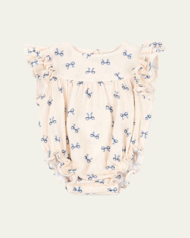 Girl's Coco Bow-Print Bubble Romper, Size 3M-18